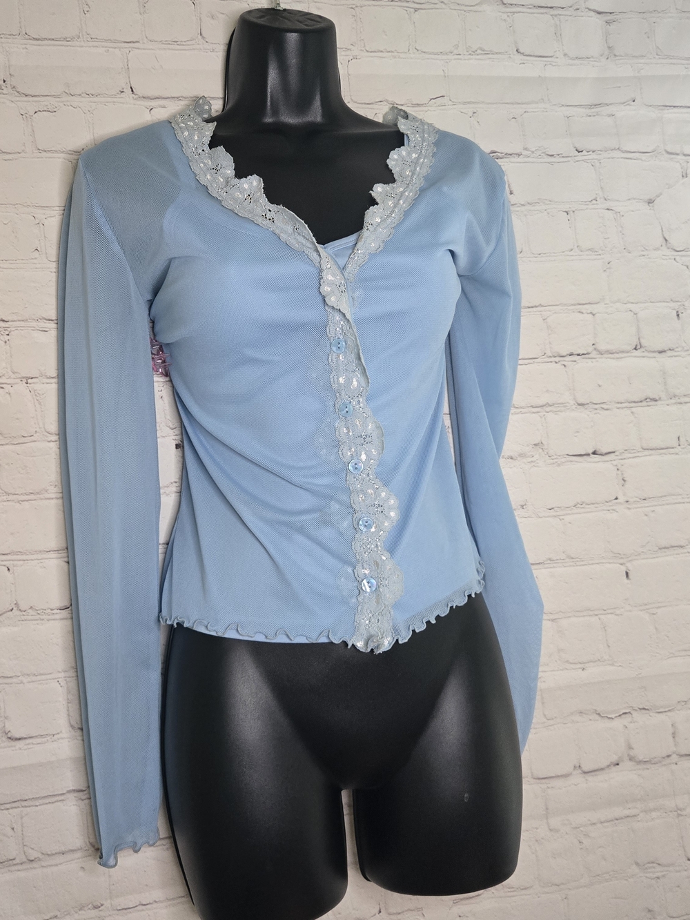 Vtg 90s Y2k sheer micro mesh lace trim baby blue cardigan with tank Jazzie Sz L